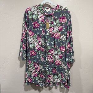 Umgee Grey Pink White Multicolor Floral Tunic Flowy Neck Tie Keyhole Top Small